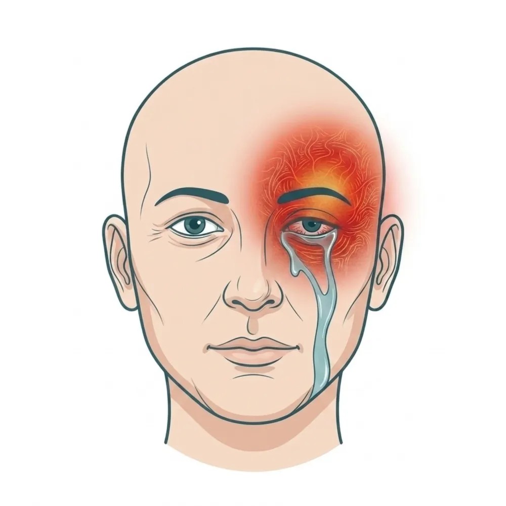 Clinical illustration of a face during a cluster headache attack: intense pain shown as heat around and behind one eye on a single side, with a red, watering eye and tears streaming down that side of the face.